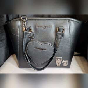 NEW Karl Lagerfeld Paris Maybelle Satchel Faux Leather Black w/ Heart Pouch